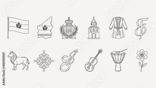 Collection of cultural symbols and icons in a clean line art style