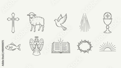 Collection of Christian religious symbols in a clean line art style for spiritual themes