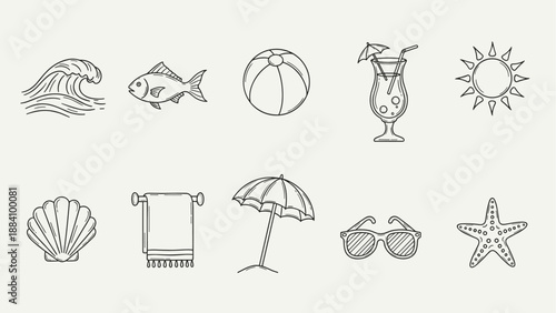 Collection of hand-drawn summer beach icons including wave, fish, ball, cocktail, sun, shell, towel, umbrella, sunglasses, and starfish