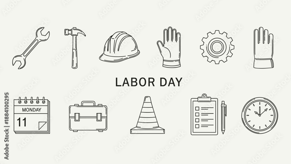 Fototapeta premium Labor Day icons representing tools, safety, and work schedule with a clock