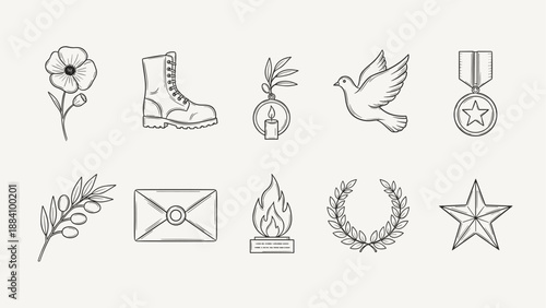 Collection of symbols representing remembrance, peace, and honor in a simple line art style