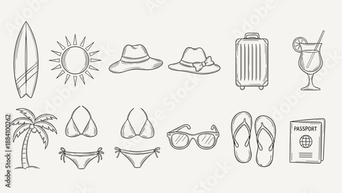 Collection of hand-drawn summer vacation and travel icons on a light background