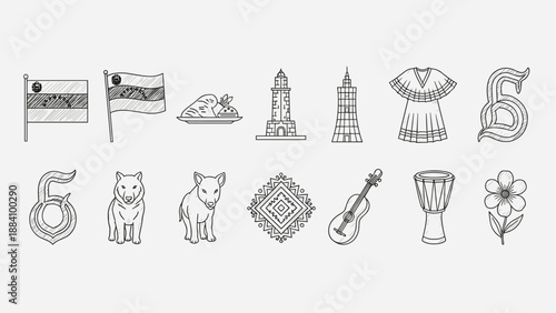 Collection of hand-drawn icons representing cultural symbols, food, animals, and landmarks