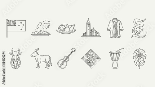 New Zealand cultural icons and symbols in a line art style