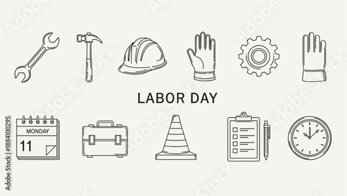 Labor Day icons representing tools, safety, and work schedule with a clock