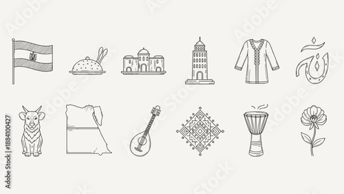 Collection of Egyptian cultural symbols and landmarks in a minimalist line art style
