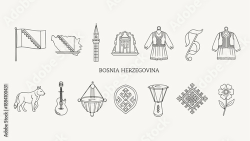 Bosnia Herzegovina cultural symbols and landmarks in a clean line art illustration