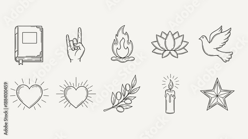 Collection of diverse line art icons representing abstract concepts and symbols