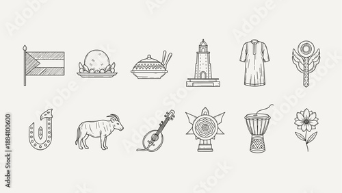 Collection of Sudanese cultural symbols and landmarks in a simple line art style
