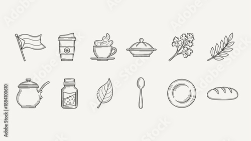 Collection of simple line art icons representing food, drinks, and kitchenware
