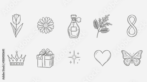 Collection of hand-drawn icons for International Women's Day celebration and gifts
