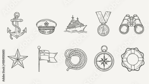 Nautical and maritime icons collection, hand-drawn style, perfect for marine themes