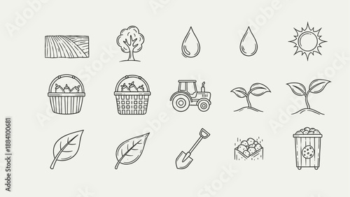 Collection of hand-drawn icons representing farming, agriculture, and nature elements