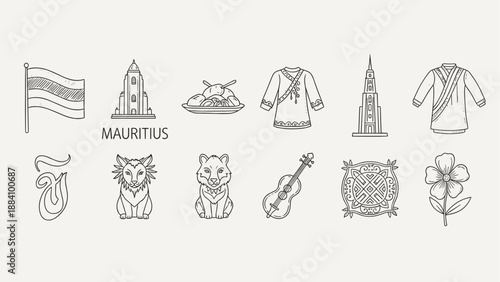 Collection of Mauritius cultural symbols and landmarks in a simple line art style