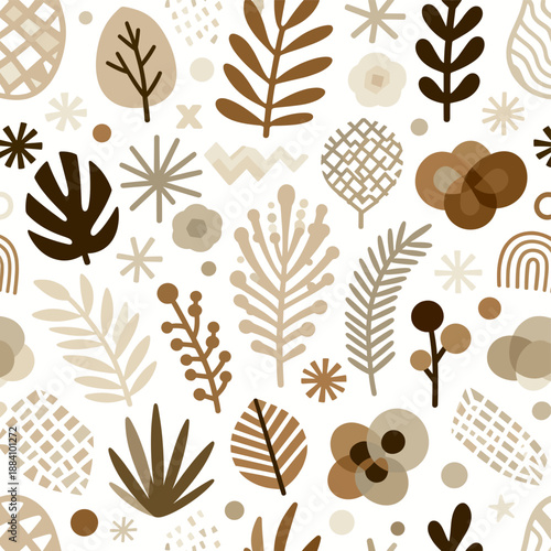 [Vector EPS]Seamless pattern with various brown and beige leaf-like shapes and abstract designs