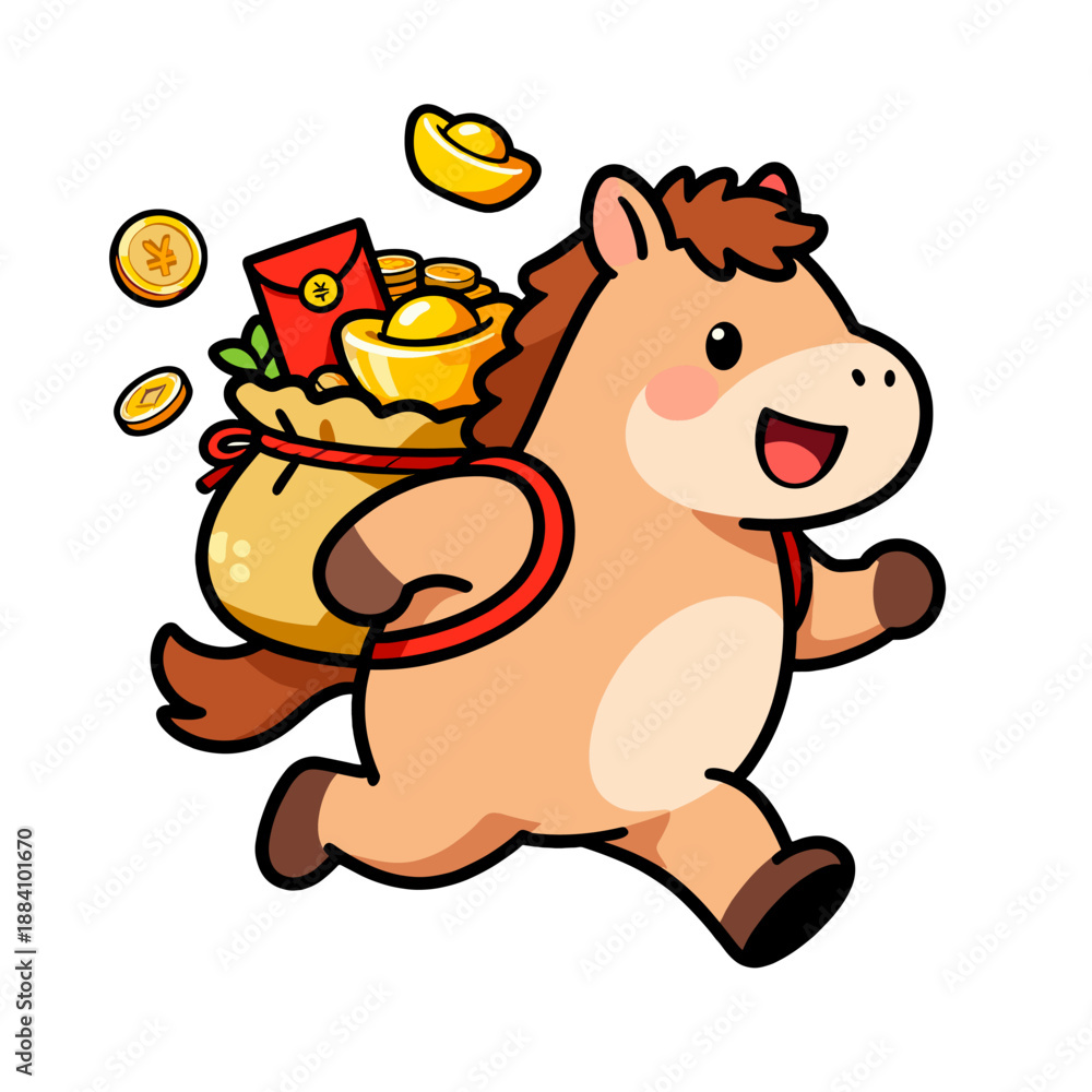 Fototapeta premium [Vector EPS]Cute cartoon horse carrying a bag full of treasures and coins