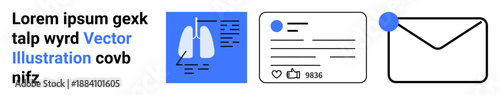 Healthcare, social media, business communication, diagnostics, inbox management, online interactions. Blue lung graphic, engagement metrics envelope symbol. Healthcare and social media concept
