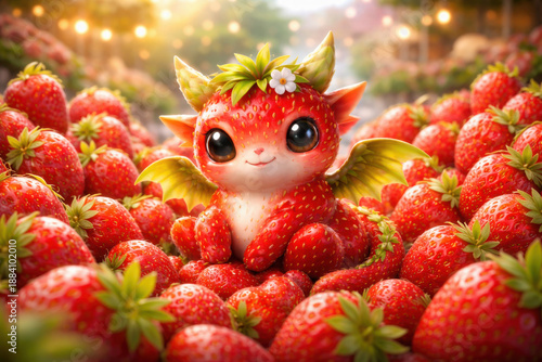 Cute Strawberry Dragon Creature in Fantasy Fruit Market