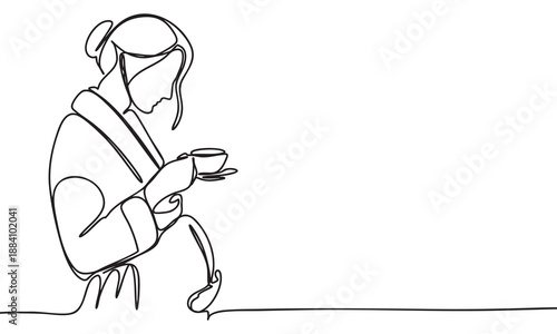Continuous Line Art of Woman Enjoying a Hot Drink