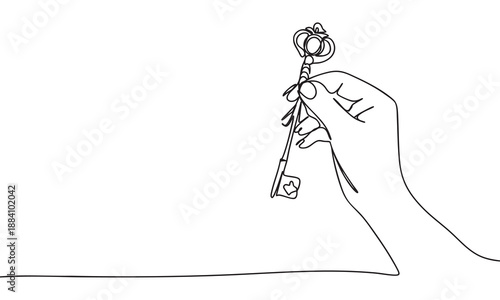 Continuous Line Drawing of a Hand Holding a Vintage Key