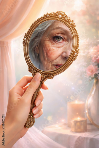 Elderly Woman Reflection in Vintage Hand Mirror, Conceptual Portrait