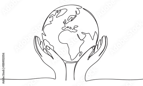 Hands Holding Earth in Continuous Line Art