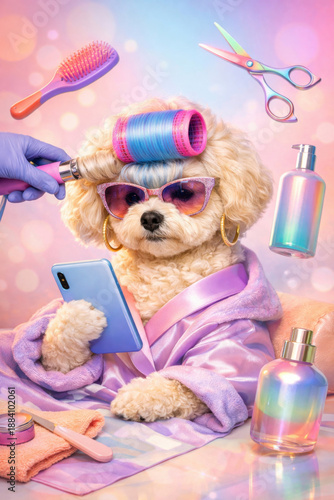 Funny Glamorous Dog at Beauty Salon with Smartphone, Pop Art Illustration