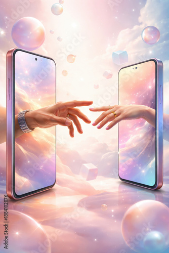 Digital Connection Concept with Hands Reaching Through Smartphones
