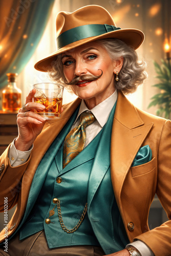 Elegant Senior Woman with Mustache Drinking Whiskey, Conceptual Portrait