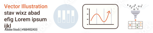 Data analysis, business intelligence, statistics, workflow, processing, and technology. Elements include a bar chart, graph and funnel with data filtering. Data analysis and business intelligence