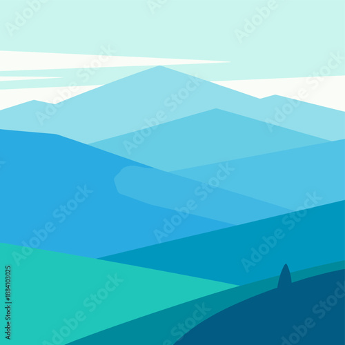 [Vector EPS]Abstract blue and green mountain landscape with layered geometric forms