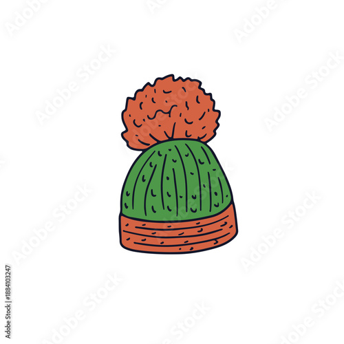 Hand drawn doodle knitted red pom pom beanie icon. Line art woolen hat drawing