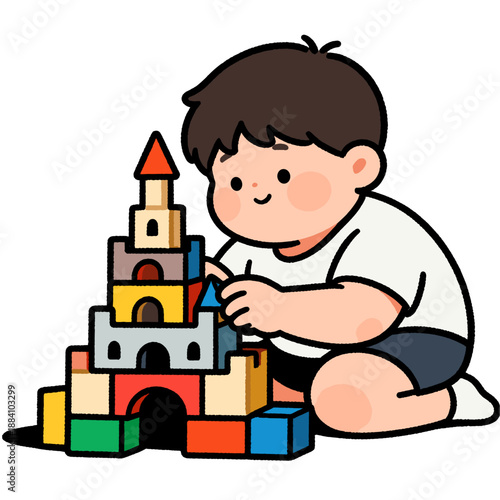 [Vector EPS]A child playing with colorful building blocks to build a tower