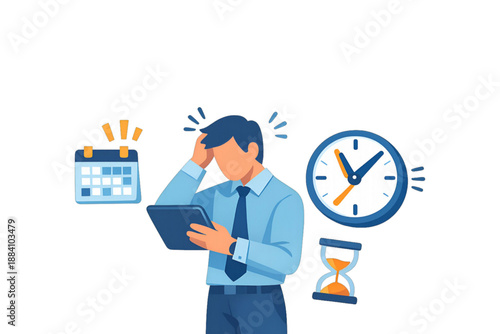Vector illustration : stressed businessman holding digital tablet surrounded by calendar, clock, and hourglass icons - time management, deadline pressure, work life balance, multitasking 
