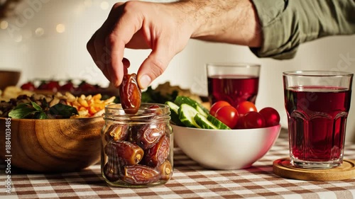Close-Up of a Man's Hand Picking a Fresh Date from a Glass Jar During an Iftar Meal for Ramadan Celebration, Halal Food 4k video