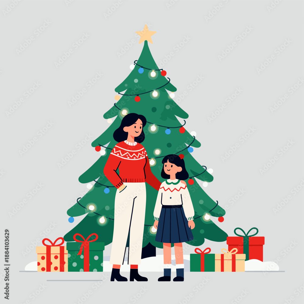 Naklejka premium [Vector EPS]Mother and daughter standing near a decorated Christmas tree