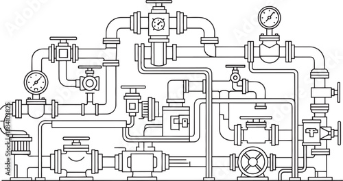 Black and white sketched industrial pipe system with gauges and valves plumbing