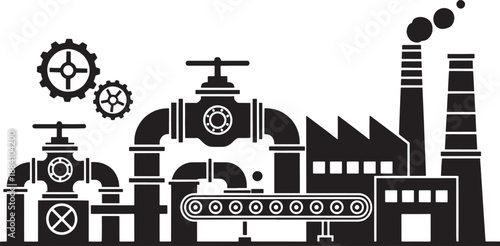 Black factory industrial complex with pipes gears and smokestacks industry manufacturing