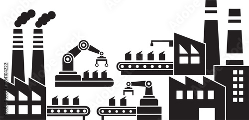 Black factory buildings with smokestacks and robotic arms on conveyor belts industrial manufacturing