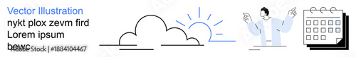 Time management, schedule planning, business organization, productivity, cloud computation, digital calendars. clouds, a rising sun a calendar and a pointing figure. Time management and schedule