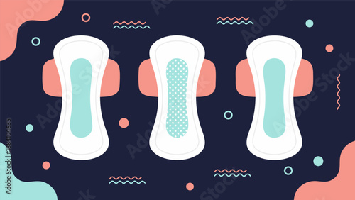 Feminine hygiene product vector illustration showcasing different sanitary pads with abstract shapes and patterns in a flat design style