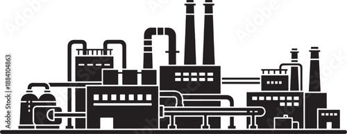 Black silhouette of a large industrial factory complex with smokestacks and pipes industrial complex