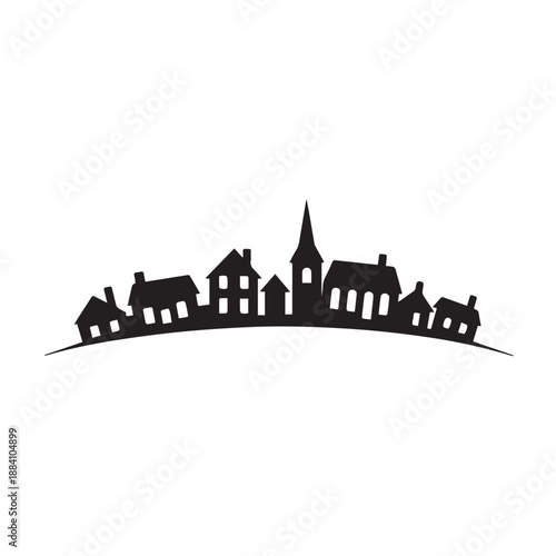 Minimalist black silhouette of a small town village skyline on a curved horizon line