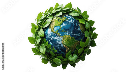 Vibrant green foliage encircles the planet earth symbolizing global environmental protection and sustainable ecology on transparent background