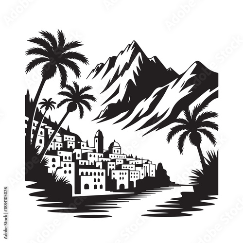 Mediterranean Coastal Village Silhouette with Mountains and Palm Trees