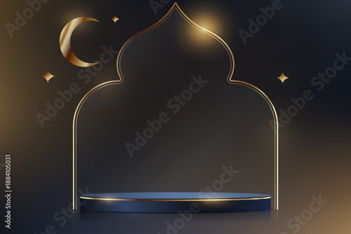 Set of 3D Dark Blue and Gold round podium background. Ramadan Kareem theme. Abstract composition minimalist design. Abstract wallpaper design with copy space to display your products. Vector illustrat