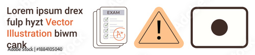 Education, caution signs, focus, academic performance, information graphics, learning tools. A checklist with a grade, a warning triangle and a target mark. Education and caution signs concept