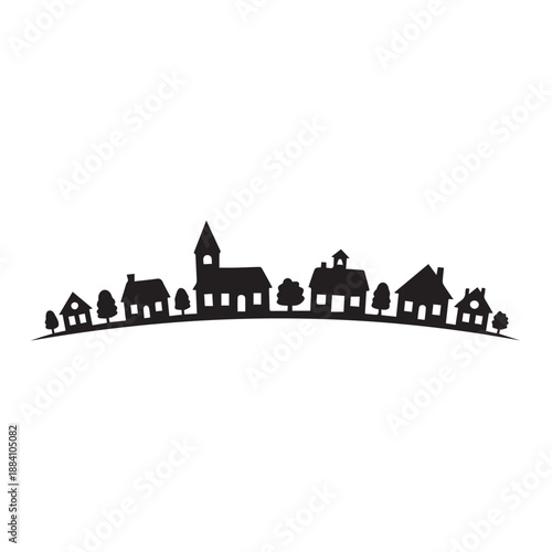Black silhouette of a small village skyline with houses and trees on a curved horizon