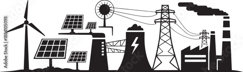 Black silhouette of wind turbine solar panels power lines and factories factory industrial