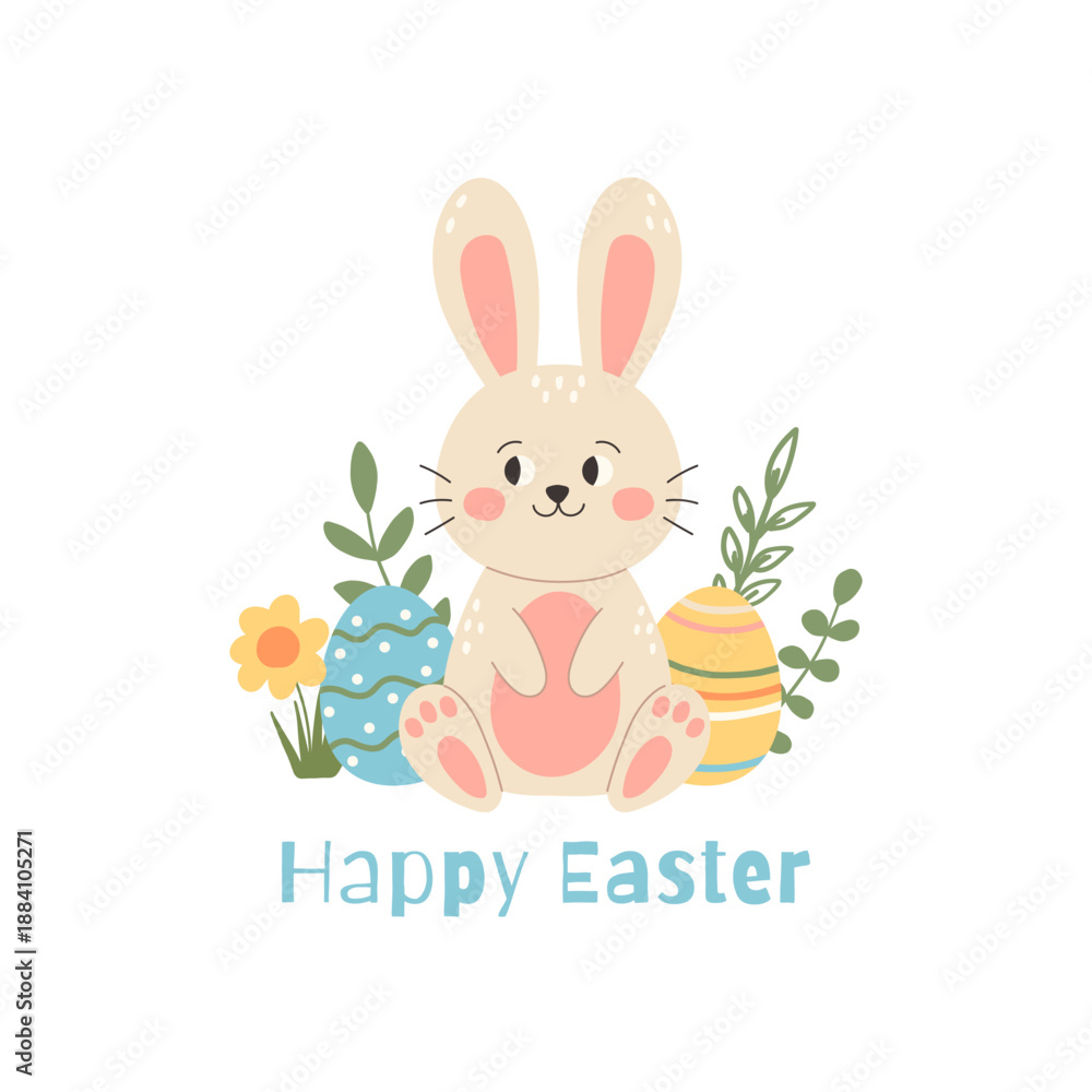 Fototapeta premium Happy Easter greeting card with cute Easter bunny and easter eggs. Vector illustration 